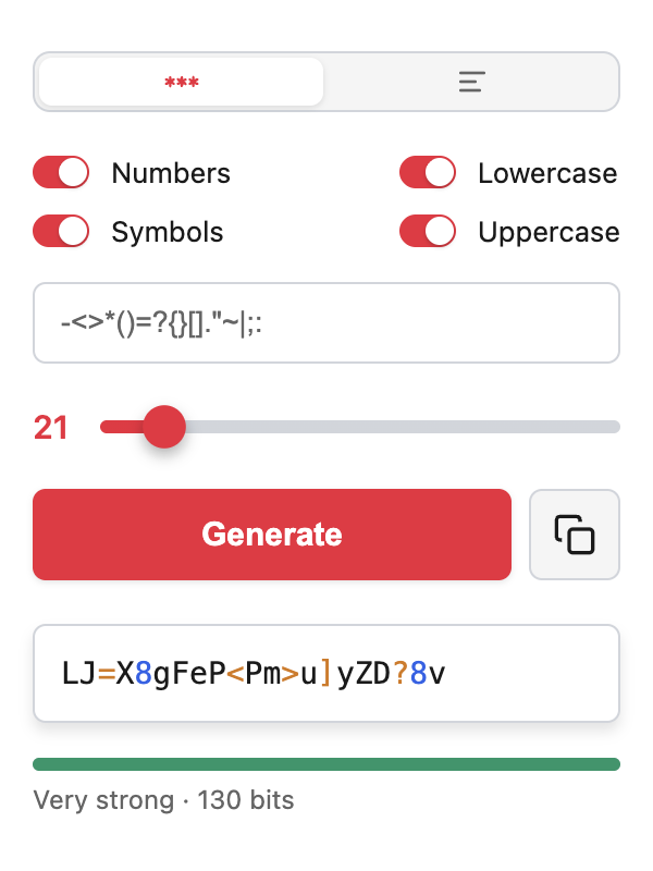 PassDuck popup generating a random password with an entropy meter and colour-coded characters