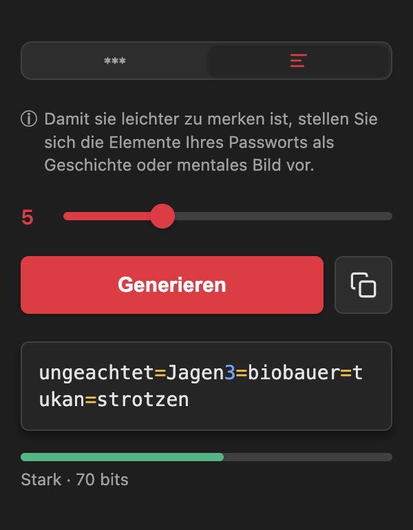 PassDuck popup generating a multi-word passphrase with an adjustable word count
