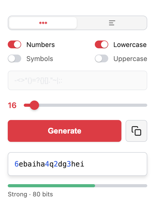 PassDuck settings showing character set options, password length slider and dark theme